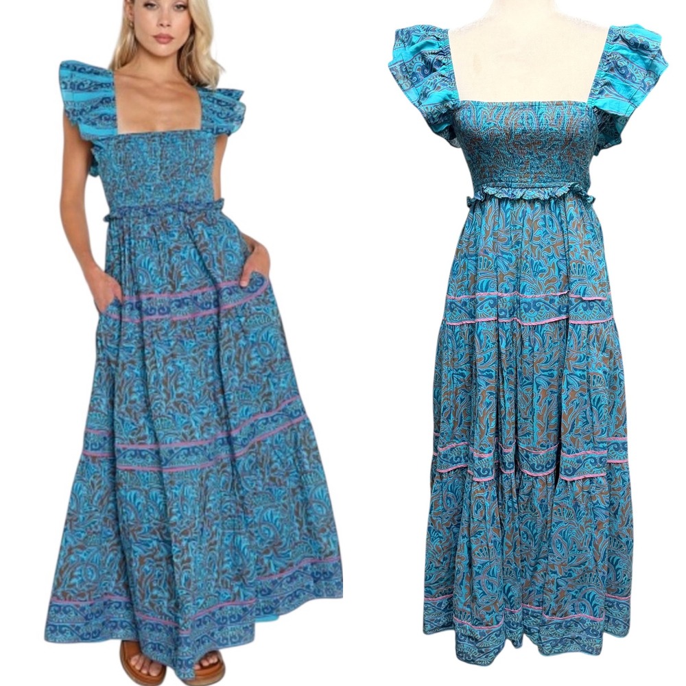 Cleobella Blue Floral Maxi Dress with Puff Sleeves